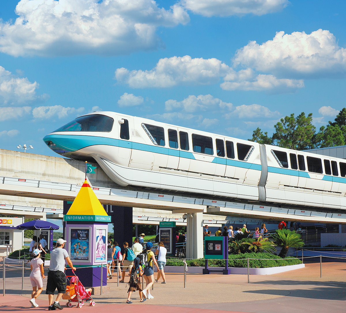 trem monorail da disney, acima o céu azul com nuvens e abaixo alguns pedestres