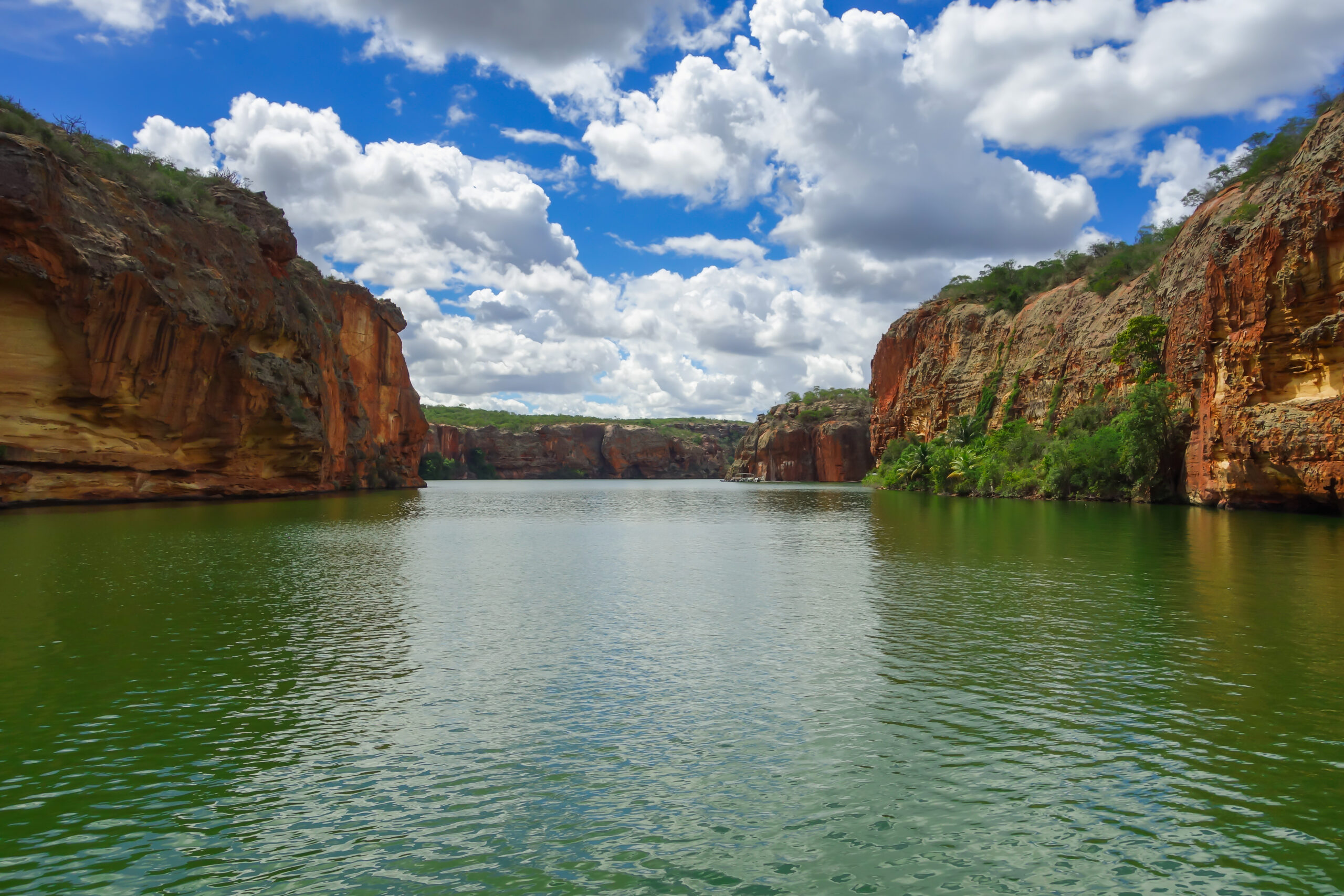 huge canyons of San Francisco river, Sergipe, Brazil. Green waters and orange walls