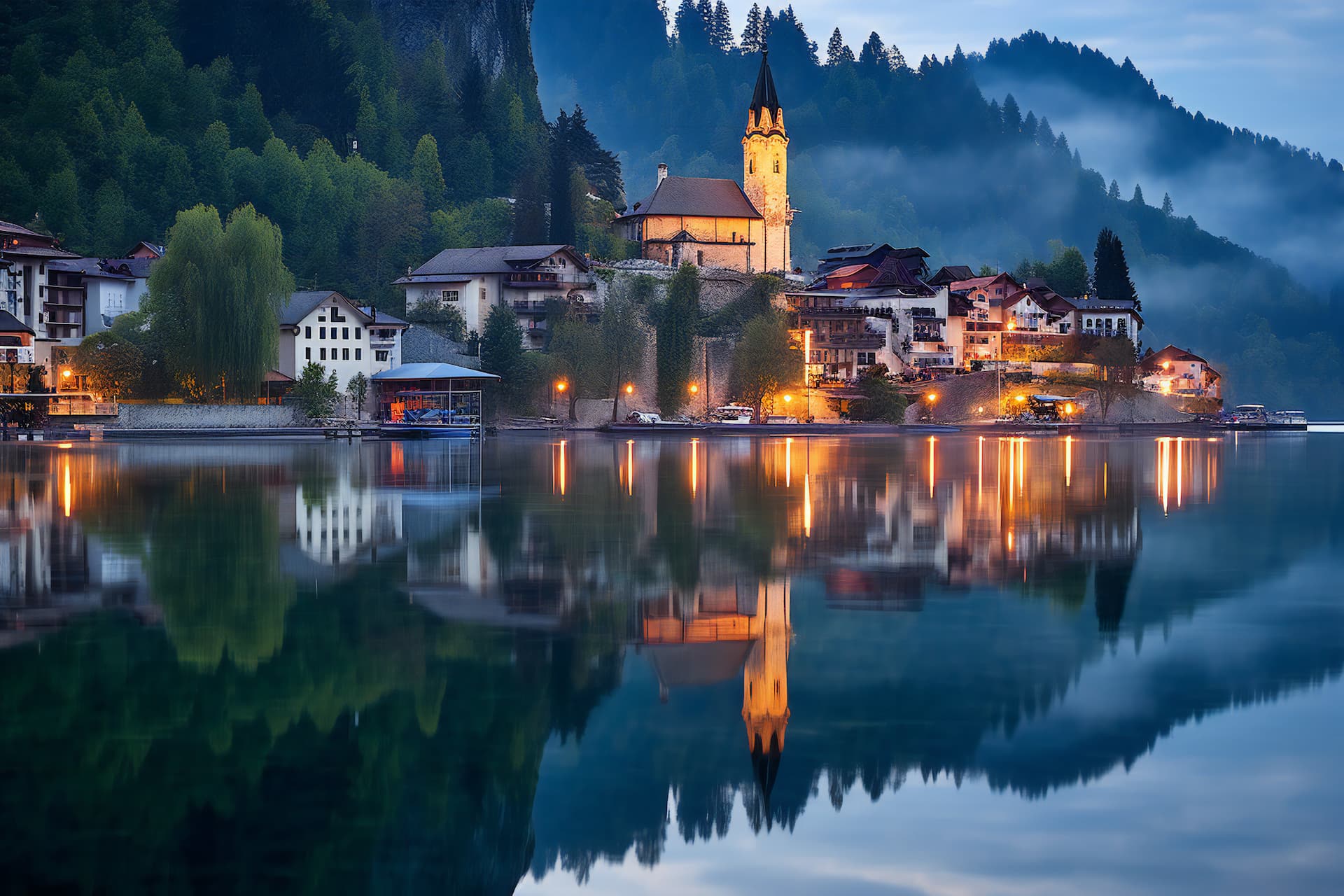 Aldeia de Hallstatt e o lago Hallstätter See